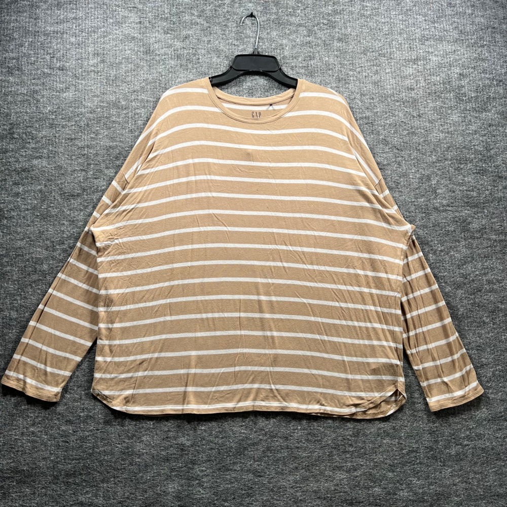 Gap Womens XL Oversized Striped Long Sleeve Top Tan White Crewneck